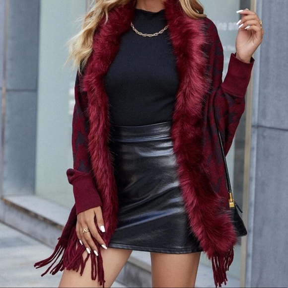 Classic Burgundy Houndstooth Vegan Fur Cardigan - Picture 13 of 13